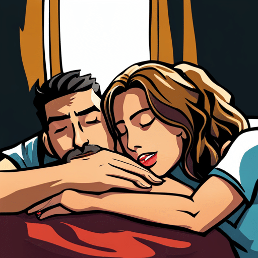 An image of a man and woman entwined in a tight embrace, peacefully sleeping together