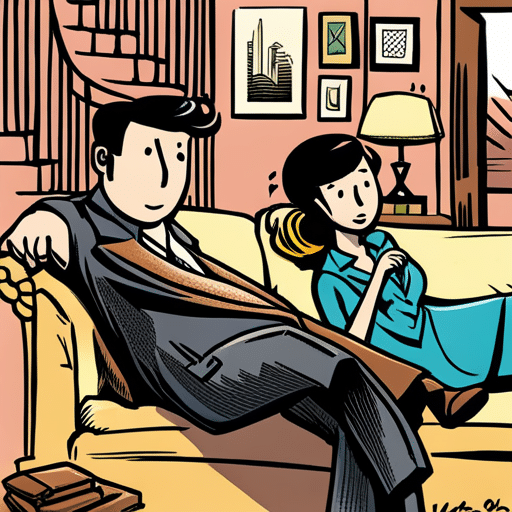 An image of a man and woman sitting on opposite ends of a couch, avoiding physical contact