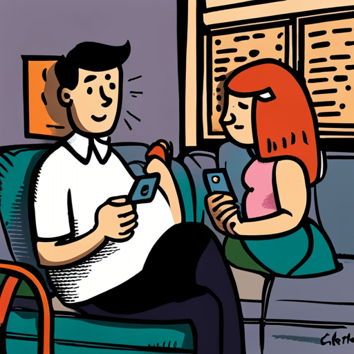  an image of a man sitting comfortably on a couch, holding his phone and smiling as he Facetimes a woman