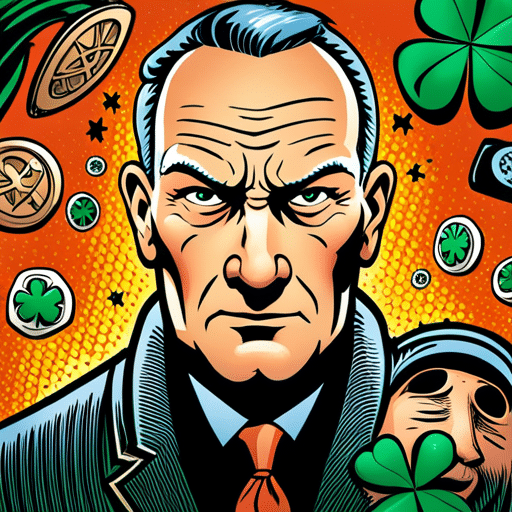 An image of a man with a pierced right ear, surrounded by symbols of luck and protection like four-leaf clovers, horseshoes, and evil eye charms