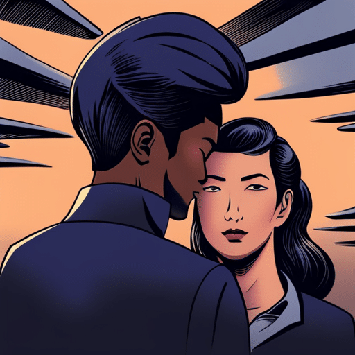 An image of a man leaning his head on a woman's shoulder, with a subtle expression of dominance or control