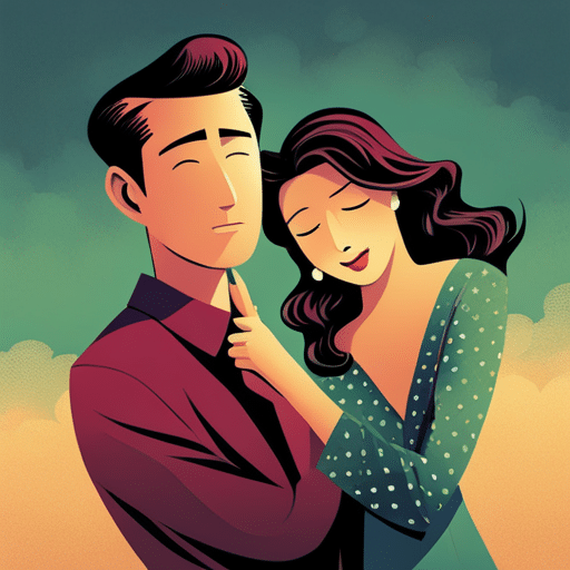 An image of a man gently brushing a strand of hair away from a woman's face, revealing a subtle smile on her lips