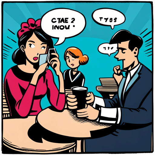 An image of a woman sitting at a café with a confused expression, looking at her phone showing a rating of 7 from a guy