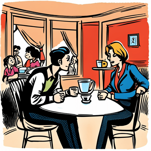An image of a man sitting at a cafe, looking at a woman across the room with a curious expression