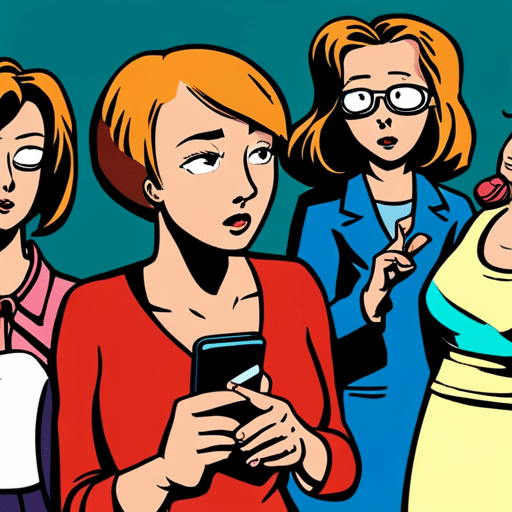 An image of a woman looking at her phone, visibly confused and questioning, while a group of friends are in the background whispering and pointing at her