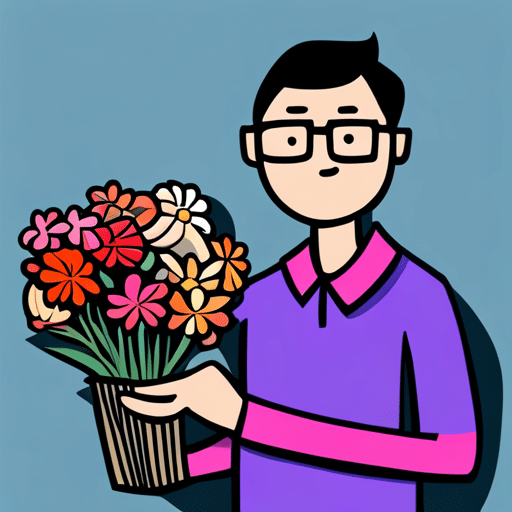 An image of a man holding a bouquet of flowers that match your favorite color, standing next to a bookshelf filled with titles you've mentioned enjoying in conversation