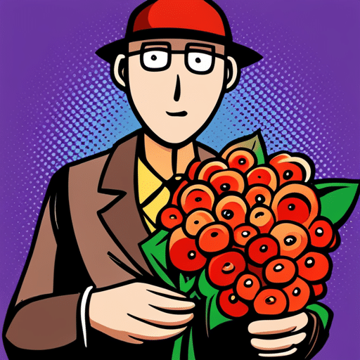 An image of a man holding a bouquet of flowers that match the ones you mentioned you love, with a thoughtful expression on his face