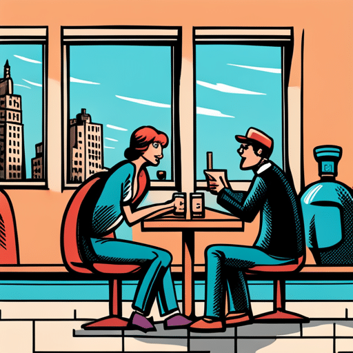 An image of two people sitting at a coffee shop, one looking at their phone with a smile, the other looking over their shoulder with a curious expression
