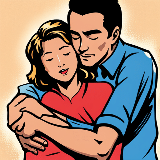 An image of a man with a gentle smile embracing a woman, rubbing her back with a comforting gesture