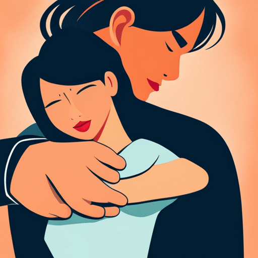 An image of a man gently rubbing a woman's back while hugging, with a warm and comforting expression on his face