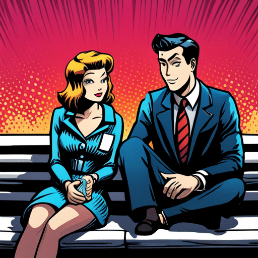 An image of a man and woman sitting close together, making eye contact and sharing a genuine smile