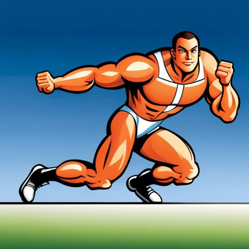 An image of a muscular male athlete with smooth, shaved legs, standing confidently on a track