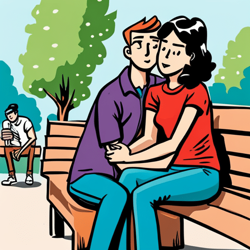 An image of a guy giving a side hug to a female friend in a casual setting, such as a park or coffee shop, capturing the body language and facial expressions of both individuals