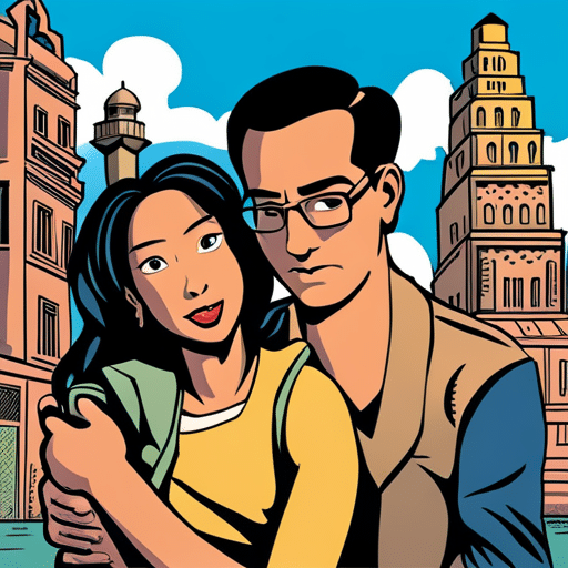 An image of a man and woman from different cultures side hugging in a public setting, surrounded by diverse cultural symbols and landmarks
