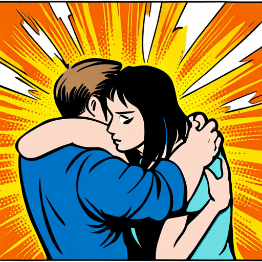 An image of a man and woman standing awkwardly close, with the man's arm around the woman's shoulder in a side hug