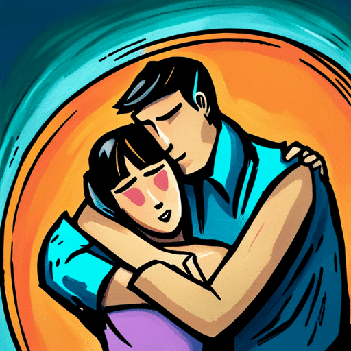 An image of a man hugging a woman tightly, with his arms wrapped around her waist and his eyes closed in a moment of pure connection and comfort