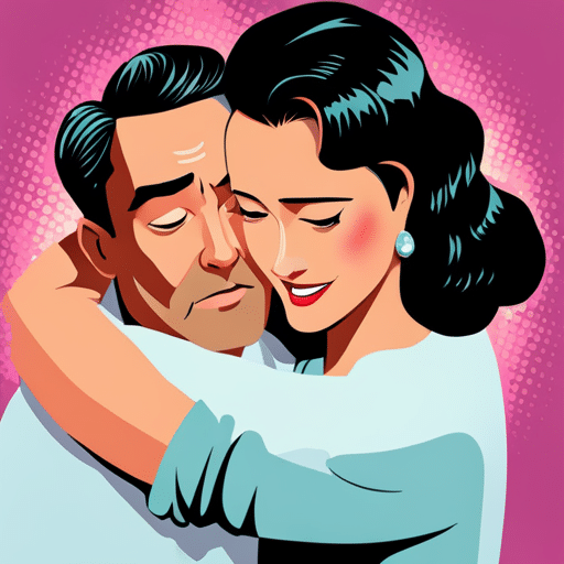 An image of a man with a gentle smile, wrapping his arms around a woman in a tight hug