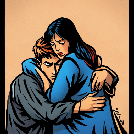 An image of a man wrapping his arms tightly around a woman, with a look of intense focus and protectiveness on his face