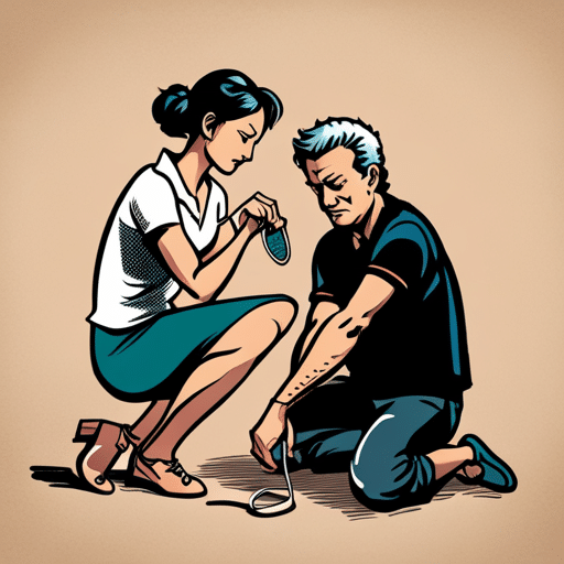 An image of a man kneeling down, focused on tying a woman's shoelaces