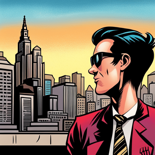 An image of a man with a sly grin whistling a catchy tune while making eye contact with a woman, set against a vibrant city backdrop
