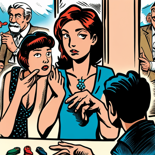 An image of a guy looking confused as a girl points to a fancy necklace in a store window, with a mix of expectation and uncertainty in their expressions