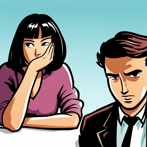 An image showing a girl subtly rolling her eyes and smirking while looking at a guy, who appears confused and unsure of her intentions