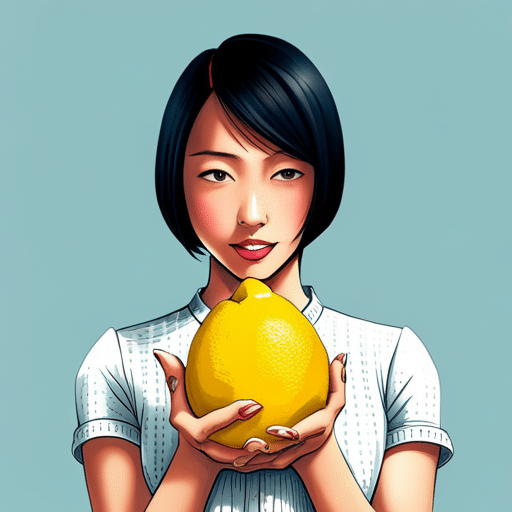 An image of a girl holding a large, vibrant lemon, with a playful smile on her face