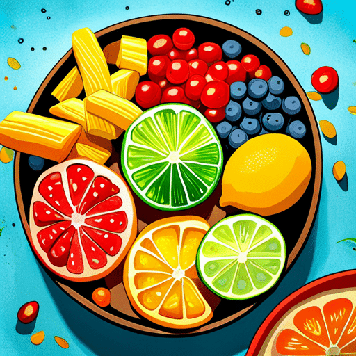An image of a vibrant, colorful fruit salad with a variety of citrus fruits like oranges, lemons, and limes, all freshly sliced and mixed together in a bowl