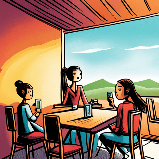 An image of a girl sitting at a cafe table with multiple empty chairs around her, looking at her phone with a disappointed expression