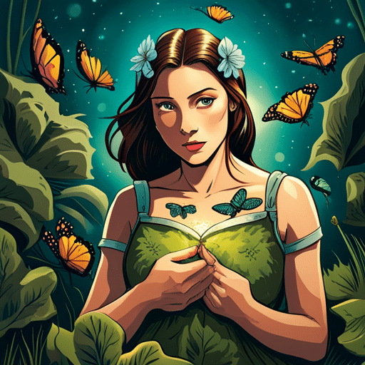 An image of a woman with butterflies fluttering around her stomach, symbolizing the evolutionary response of nervous excitement when encountering a potential mate