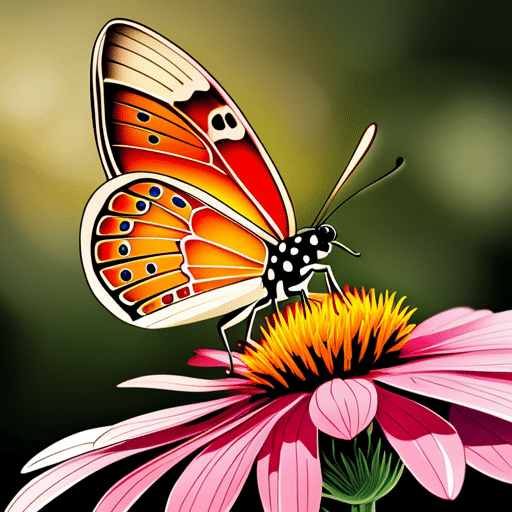 An image of a detailed close-up view of a butterfly resting on a flower, highlighting the intricate patterns on its wings and the delicate balance of nature