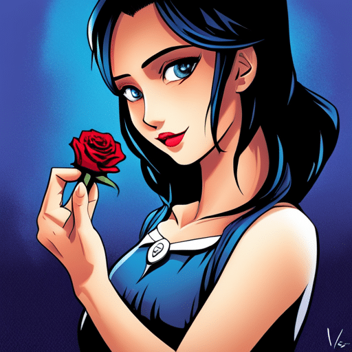 An image of a girl delicately placing a single red rose in someone's hand, with a soft smile on her face and a twinkle in her eye