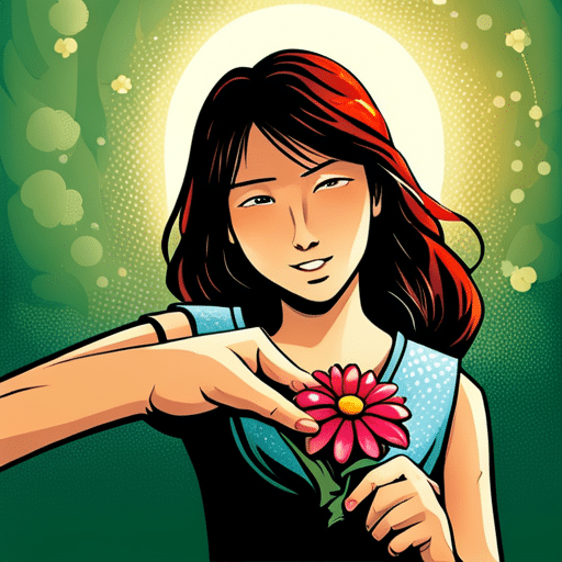 An image of a girl handing a delicate flower to someone, with a warm smile and eyes full of anticipation, symbolizing the desire to connect on a deeper level