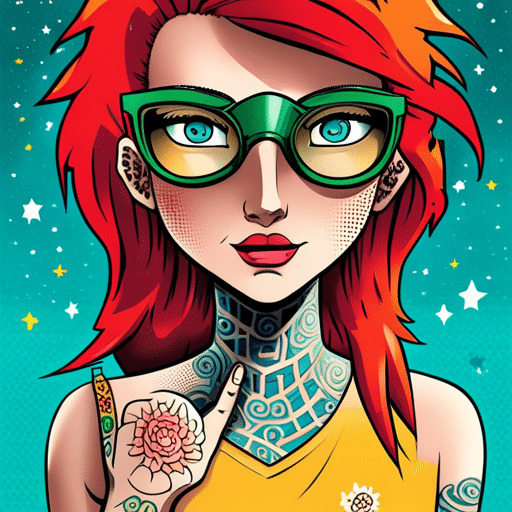 An image of a girl with brightly colored hair and tattoos, wearing eclectic clothing and unique accessories