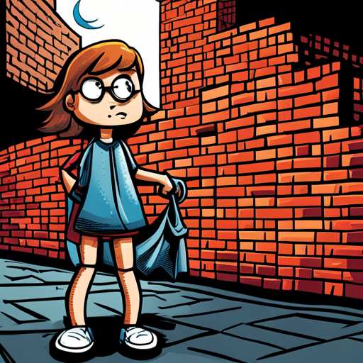 An image of a girl standing in front of a wall made of bricks, with a confused expression on her face