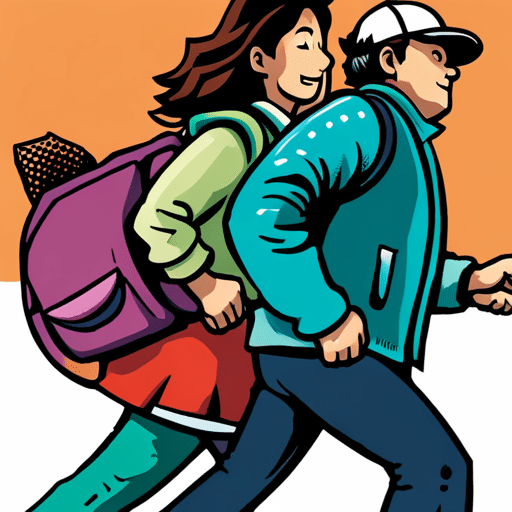 An image of two friends walking side by side, one with a smile offering to carry the other's heavy backpack