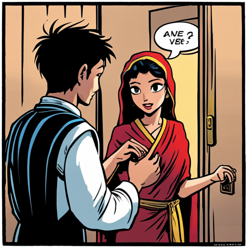 An image of a girl opening a door for a man, with subtle cultural influences such as traditional clothing, symbols, or gestures