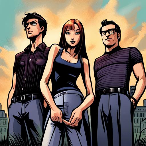 An image of a girl standing with a group of people, but pulling up her pants slightly higher than necessary, while making eye contact with one specific person in the group