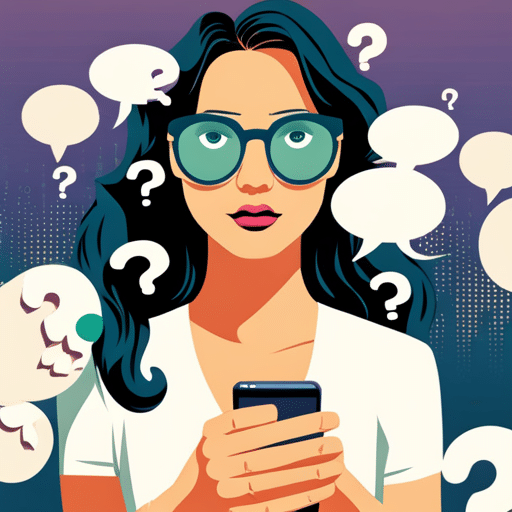 An image of a girl staring at her phone with a curious expression, surrounded by question marks and thought bubbles
