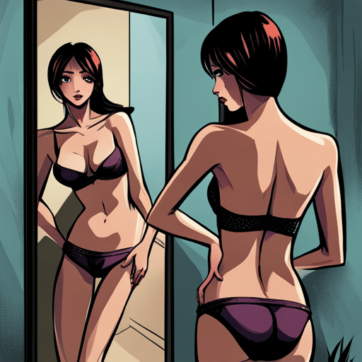 An image of a girl standing in front of a mirror, wearing lingerie, looking over her shoulder with a vulnerable expression