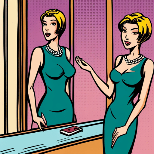 An image of a girl confidently standing in front of a mirror, wearing a form-fitting outfit and looking at herself with a proud and empowered expression
