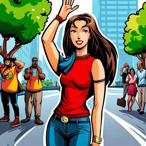 An image of a girl standing with a bright, genuine smile on her face, waving enthusiastically with one hand