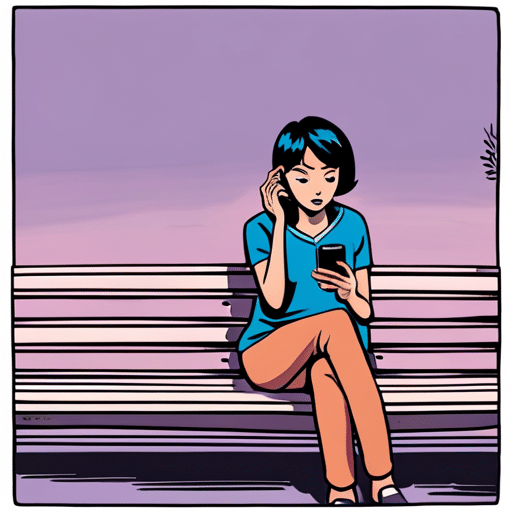 An image of a girl sitting on a park bench, looking at her phone with a neutral expression after receiving a text that says "Okayy