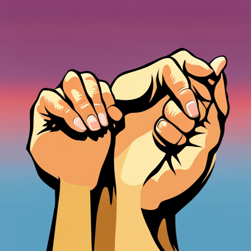 An image of two hands clasped together, one larger and one smaller, fingers intertwined