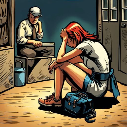 An image of a girl sitting alone, hunched over with her head down, avoiding eye contact with a group of people around her