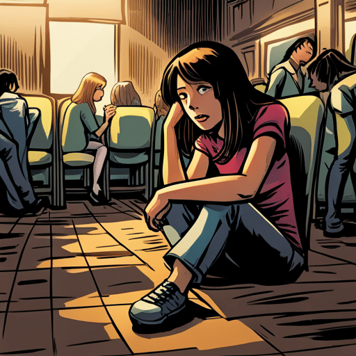 An image of a girl sitting alone in a crowded room, looking down at her hands with a tense expression