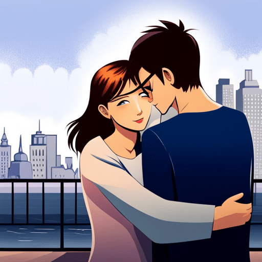 An image of a girl standing next to a person, wrapping her arms around their arm with a smile on her face