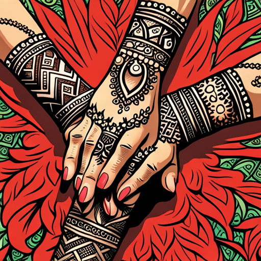 An image of a girl's arms wrapped around a person's arm, with intricate henna designs on her hands, against a backdrop of vibrant, traditional Indian textiles