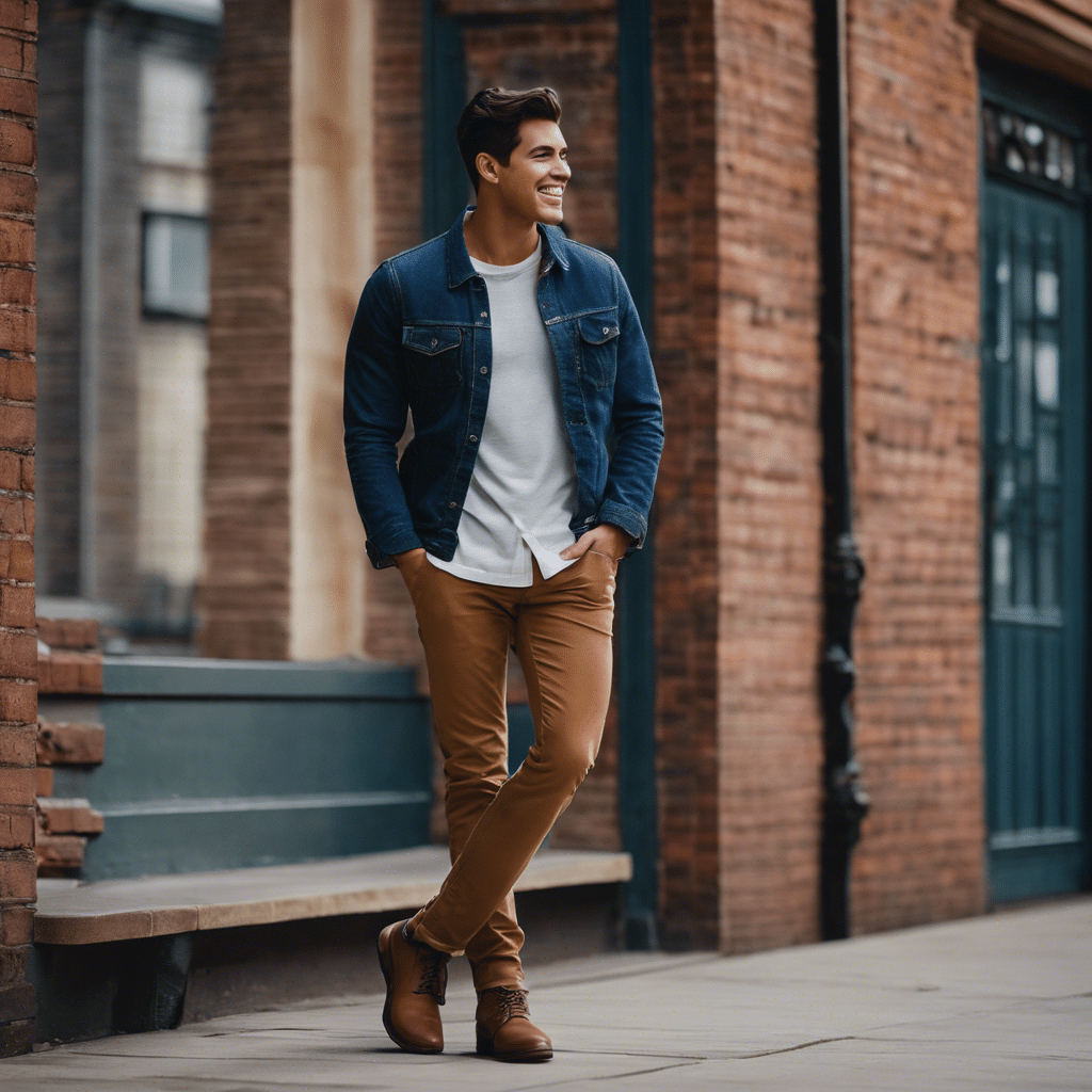 An image depicting a young man casually leaning against a brick wall, his hands in his pockets, as he gazes warmly at a woman walking past