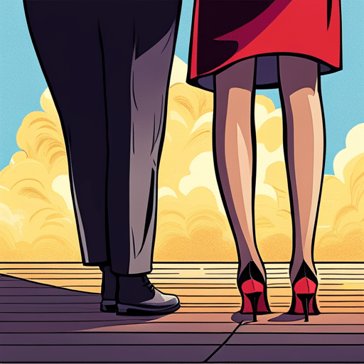 An image capturing the impact of personal space: A close-up shot of two pairs of legs, one belonging to a man and the other to a woman, subtly touching each other, highlighting the significance of this nonverbal communication